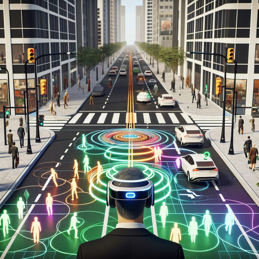 AR heatmap overlay showing pedestrian movement patterns and autonomous vehicles on a busy city street