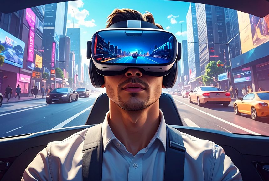 AR headset view simulating a testing scenario for autonomous vehicle deployment on a city street