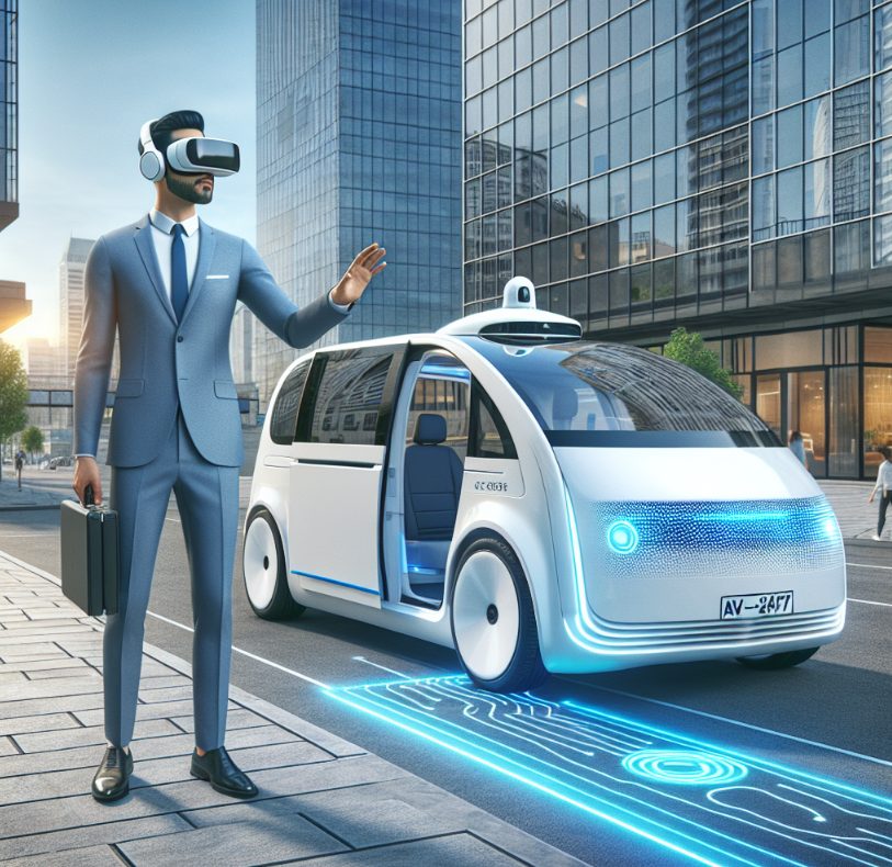 Person wearing a VR headset preparing to board an autonomous taxi