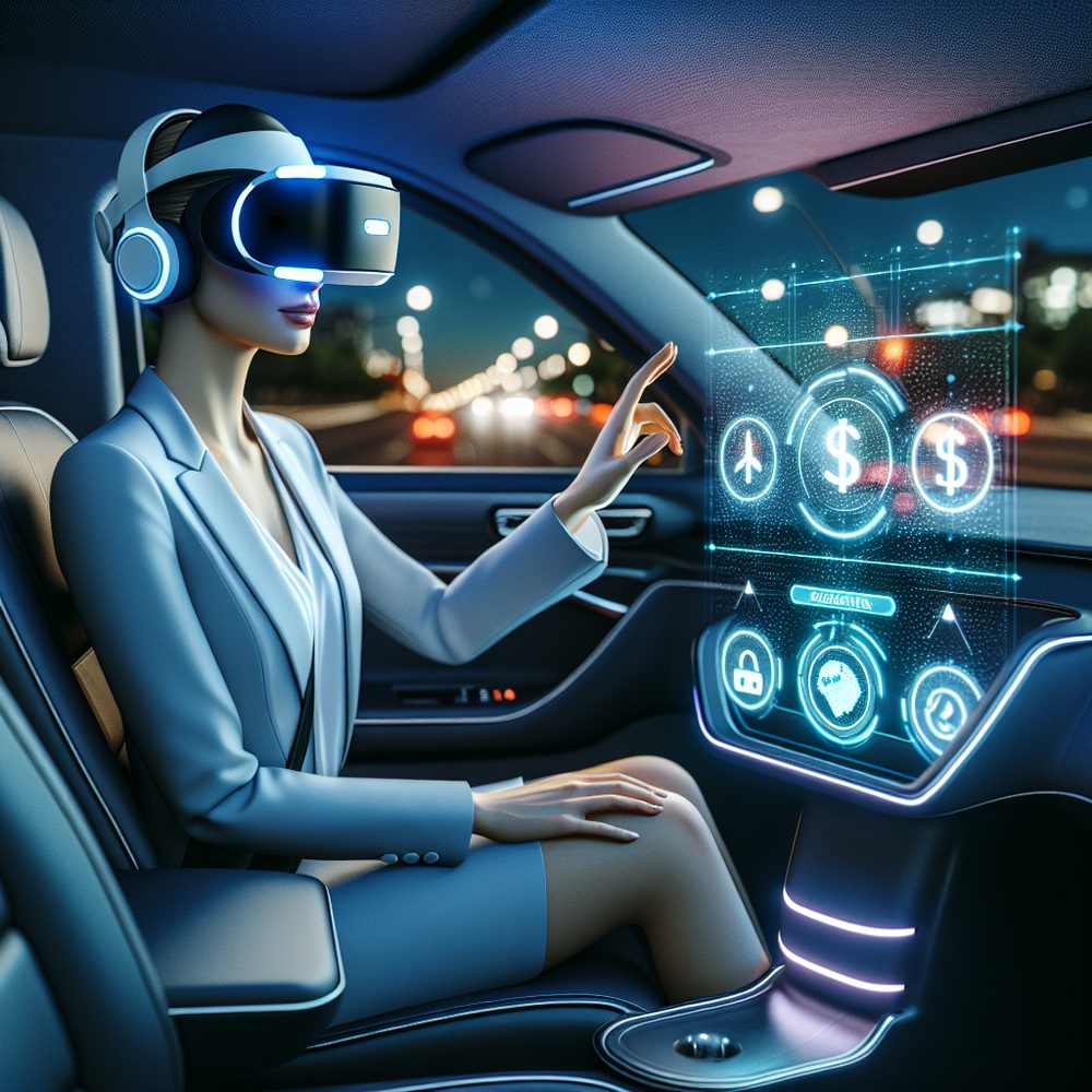 Passenger wearing a VR headset inside an autonomous taxi, selecting a route on a holographic panel